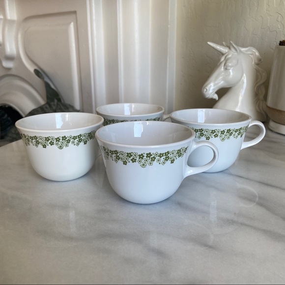 VINTAGE • 70s Avocado Green Tea Cups Mugs Corelle CorningWare Made USA Set of 4 - Picture 11 of 11